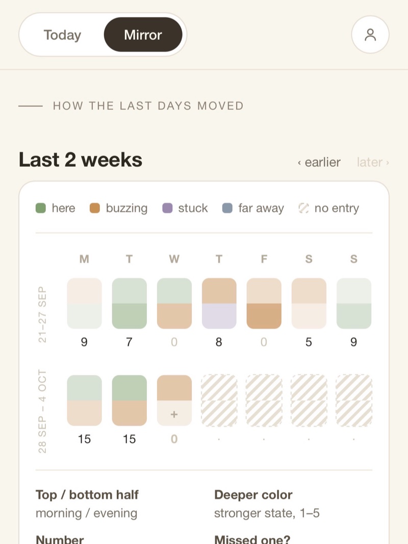 The Mirror: a two-week grid of morning and evening states, coloured by state