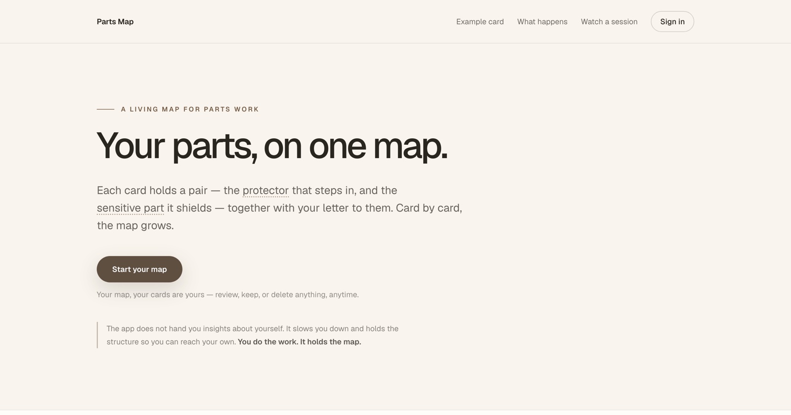 Parts Map: each card holds a pair — the protector that steps in, and the sensitive part it shields, together with your letter to them