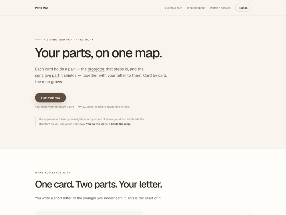 Parts Map: each card holds a pair — the protector that steps in, and the sensitive part it shields — with a letter to the younger you